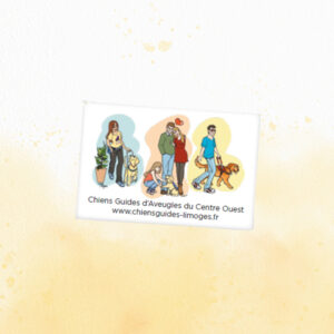 Magnet avec une illustration représentant une éducatrice avec un chien, une famille d'accueil avec un chiot et une personne déficiente visuelle avec son chien